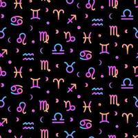 Zodiac signs seamless colorful neon background with crescent and moon, astrological pattern. Horoscope symbols gradient texture. vector