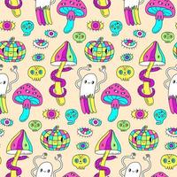 Colorful hand mushrooms, dance ghist, pumpkin disco ball seamless pattern. Groovy hippie Halloween. Retro 60s, 70s style background. Psychedelic textile, fabric and wrapping paper. vector