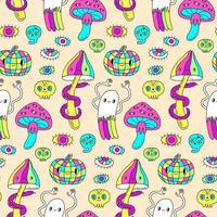 Colorful hand mushrooms, dance ghist, pumpkin disco ball seamless pattern. Groovy hippie Halloween. Retro 60s, 70s style background. Psychedelic textile, fabric and wrapping paper. vector