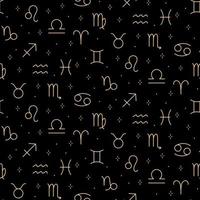 Astrology seamless pattern with gold zodiac sings and stars. Horoscope symbols space background. vector