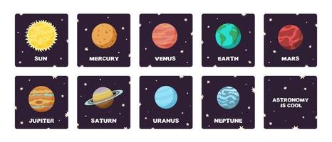 coloridas tarjetas flash cuadradas del espacio del sistema solar en estilo de dibujos animados de diseño plano. educación astronómica y ciencia para el aprendizaje de los niños. vector