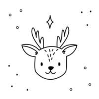 cara de ciervo de navidad dibujada a mano aislada sobre fondo blanco. bosquejo animal del vector del año nuevo, icono del garabato o ilustración del juguete del día de fiesta