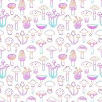 Seamless pattern colorful outline mushrooms, retro hippie style background. For vintage fabric, textile, wallpaper, wrapping paper vector
