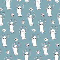 Colorful seamless pattern with groovy ghosts and skulls on blue background. Vintage psychedelic fabric, wrapping and wallpaper vector