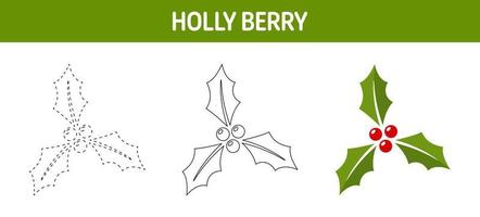 Holly Berry tracing and coloring worksheet for kids vector