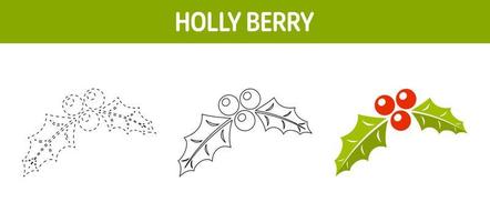 Holly Berry tracing and coloring worksheet for kids vector