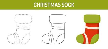 Christmas Sock tracing and coloring worksheet for kids vector