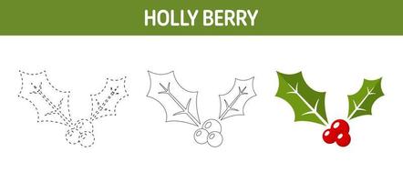 Holly Berry tracing and coloring worksheet for kids vector