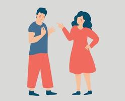 Couple quarrel and swear. Aggressive man and woman yell and shout at each other. Husband and wife argue, blame, accuse and fight each other. Concept of verbal assault, disagreement and accusation. vector