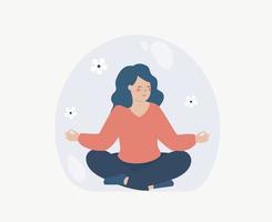 Meditating woman not get distracted by life's problems. Calm female in lotus pose practices yoga inside a protective bubble. Mindfulness, zen, guided meditation, harmony concept. Vector illustration.