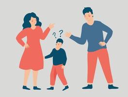 Influence of divorce on the family and children. Parents argue and insult each other in front of their confused child. Concept of custody battle, couple breakup, verbal assault and disagreement. vector