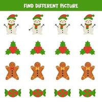 Find Christmas element which is different from others. Worksheet for kids. vector