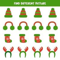 Find Christmas element which is different from others. Worksheet for kids. vector