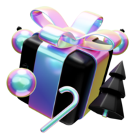 Christmas holographic gift box 3d render concept with ball, tree and candy png