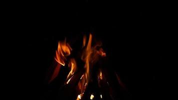 Kleines Lagerfeuer mit flammenden Funken auf schwarzem Hintergrund, Nahaufnahme. nachts campen video