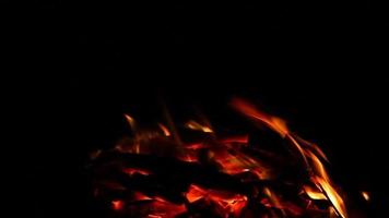 small bonfire with flaming sparks on a black background, close-up. Camping at night video