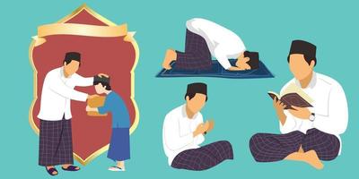 illustration of muslims giving alms, praying, reading the quran, praying and praying vector