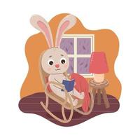 Cartoon rabbit is sitting on a chair by the window and reading a book in flat style vector