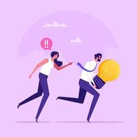Creator chasing thief or robber holding lightbulb. Concept of borrowing or stealing creative ideas or intellectual property, copyright infringement, flat vector illustration