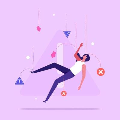 Falling woman surrounded by caution signs. Concept of business or entrepreneurship failure, defeat or fiasco, career crisis, fail at work, flat vector illustration