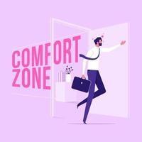 Office worker, entrepreneur or businessman with briefcase walking out open door. Concept of escaping comfort zone, step to success, personal development, flat vector illustration