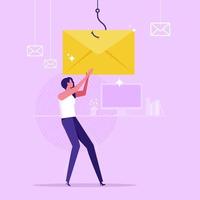 Woman taking envelope put on hook. Concept of fishing electronic message, suspicious e-mail, scam letter with dangerous link, internet fraud, flat vector illustration