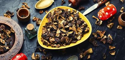 Dried mushrooms and cooking utensils photo