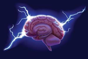 3D illustration of cerebral hemispheres with lightning floating on a dark blue background. vector