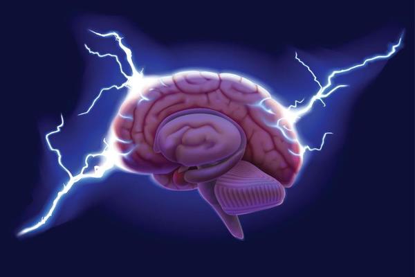 3D illustration of cerebral hemispheres with lightning floating on a dark blue background.