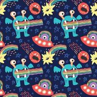 cute character space aliens stars and planets seamless pattern design vector