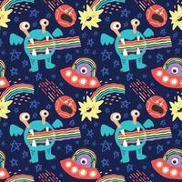 cute character space aliens stars and planets seamless pattern design vector