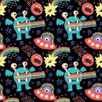 character space aliens stars and planets seamless pattern design vector