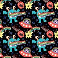 character space aliens stars and planets seamless pattern design vector