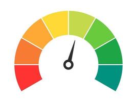 Vector speedometer meter with arrow for dashboard with green, yellow, red indicators. Gauge of tachometer. Low, medium, high and risk levels. Bitcoin fear and greed index cryptocurrency