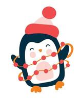 lindo pingüino vector de bebé de Navidad con sombrero rojo de punto y guirnalda en estilo de dibujos animados. aislado en la ilustración plana de fondo blanco. imagen dibujada con color