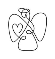 Vector simple Christmas angel with heart, continuous line drawing, print for clothes and logo design, emblem or silhouette one single line, isolated abstract illustration