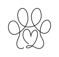 Heart with cat or dog paw in continuous one line drawing logo. Minimal line art. Animal foorprint in heart. Pet love concept vector