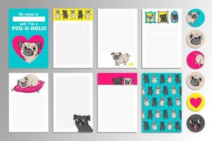 Printable set with cute pugs. vector