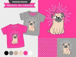 Valentines day printable set wih funny pugs. vector