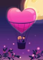 Two lovers in a balloon on the moon background. vector