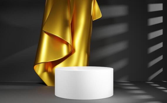 Escena de representación 3d en estudio oscuro con cortina de seda dorada y podio blanco. pedestal para exhibición de productos con superposición de sombras y luces. velo brillante revela sorpresa. maqueta publicitaria foto