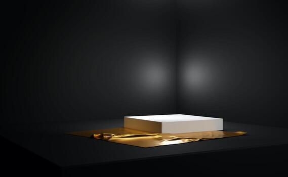 habitación negra con esquina y pedestal de cubo blanco. la seda dorada en el piso revela el podio del cubo de exhibición del producto. espacio oscuro para el fondo de la presentación. maqueta de publicidad simple foto