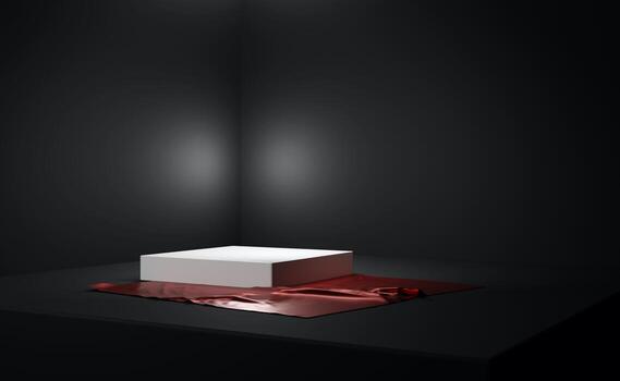 podio de esquina blanca en habitación negra. maqueta vacía para la presentación del producto. tela brillante en el piso revela el regalo. sombra y luz en la sala de exposición foto