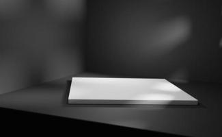 Big cube podium in dark room with simple modern shadows and light overlay. Indoor product presentation in black corner space. Concrete pedestal for advertising mockup photo