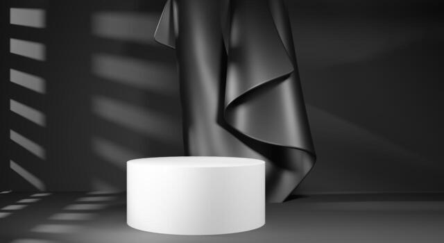 podio blanco cilíndrico en cuarto oscuro. Escena de representación 3d con cortina negra brillante y pedestal para publicidad. elegante tela de seda cayendo cerca de la plataforma foto