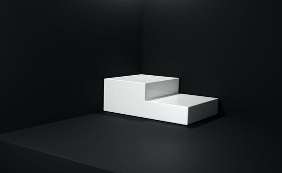 Podio de cubo de 2 pasos con reflejo en cuarto oscuro. pedestal de colocación de productos en una escena mínima para maqueta publicitaria o presentación de marketing. pared vacía con escenario en blanco en vista angular foto