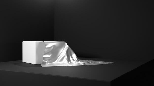 funda de seda plateada para regalo o regalo de vacaciones. el cubo blanco se revela de tela satinada brillante para exhibir el regalo a la luz. diseño de render 3d de corder de habitación negra foto