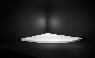 podio de cilindro blanco sin nadie. sala negra 3d render escena de presentación del producto. simple maqueta publicitaria con sombras. pedestal redondo vacío para ceremonia foto