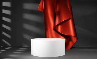 Red falling veil near white product display stage in dark studio. 3d render scene of dark room with product placement space. Podium for advertisement or gift presentation background or mockup photo