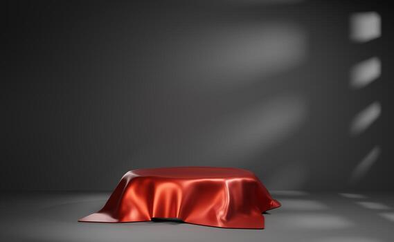 Etapa de producto de cubierta de seda roja en habitación oscura con superposición de sombra. fondo de maqueta simple para publicidad. regalo revelador satinado brillante. vista de pared oscura vacía foto